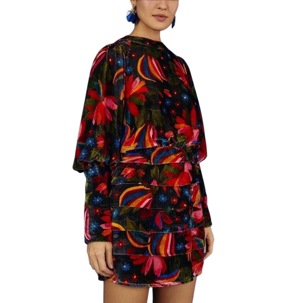 Farm Rio Velvet Mini Dress Floral Multi Color Long Sleeve Ruched Tiered Size M